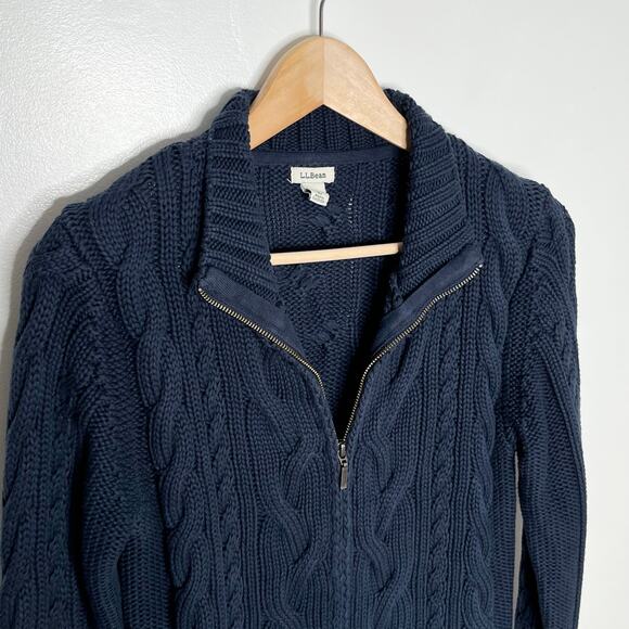L.L. Bean Cable Knit Cardigan Sweater Womens SP Navy Full Zip Cotton Fisherman - Picture 3 of 9